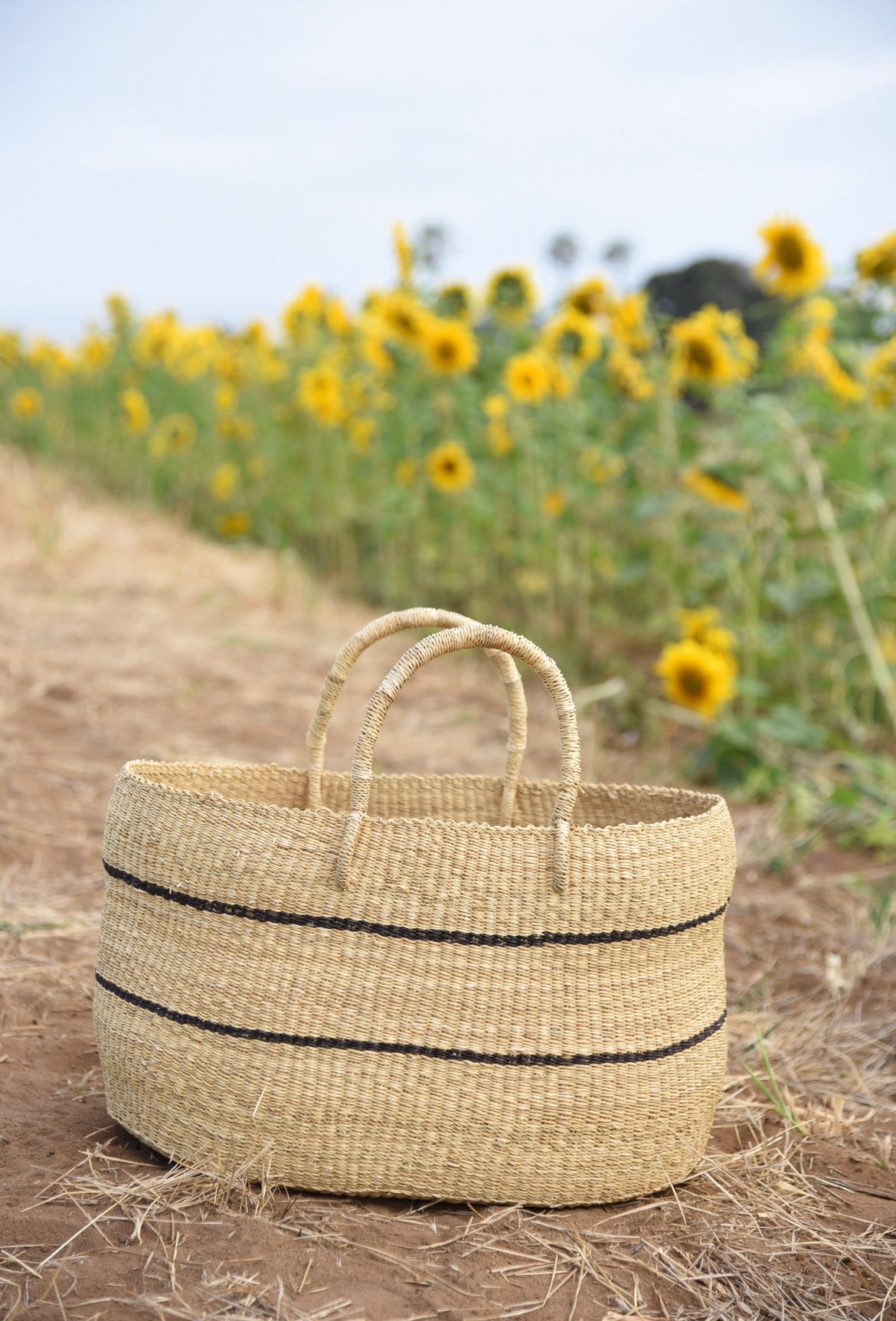 Striped Woven Basket Tote