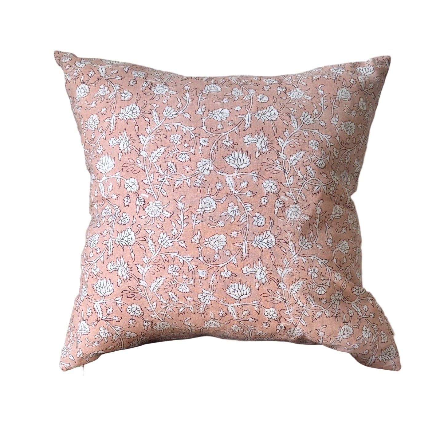Floral pink block print pillow on a white background