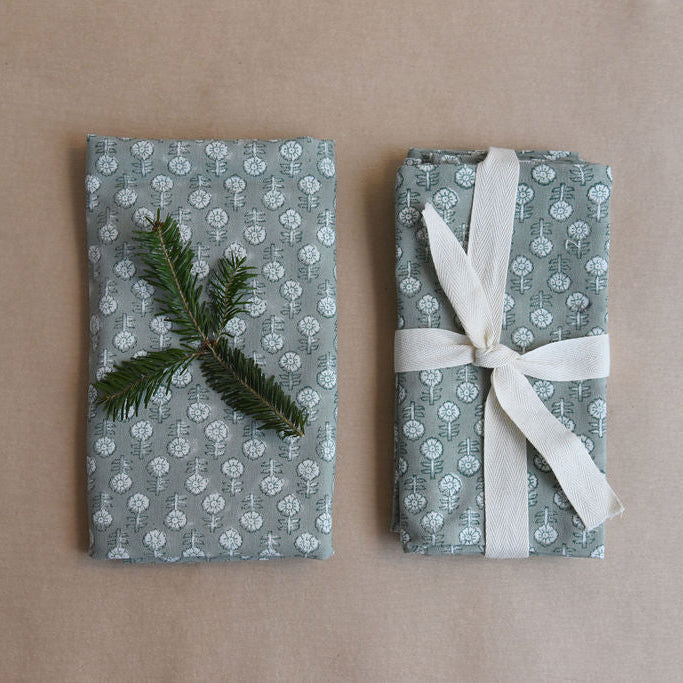 Table runner and set of green floral block print napkins