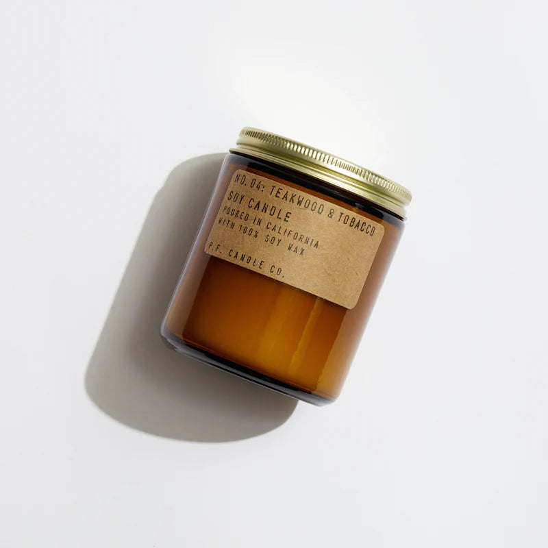 tobacco and teakwood Soy Candle - shape and signature kraft paper look P.F Candle Co. Teakwood &
