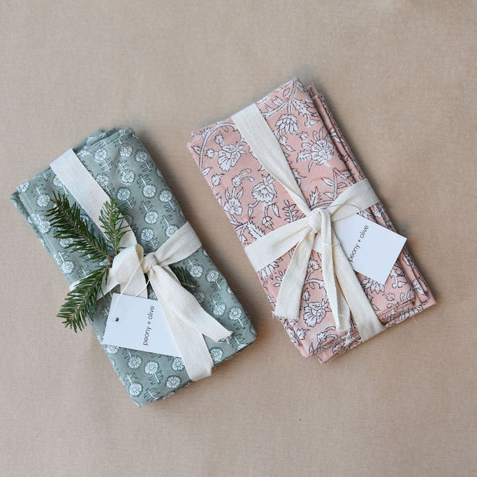 pink and green sets of block print floral napkins 